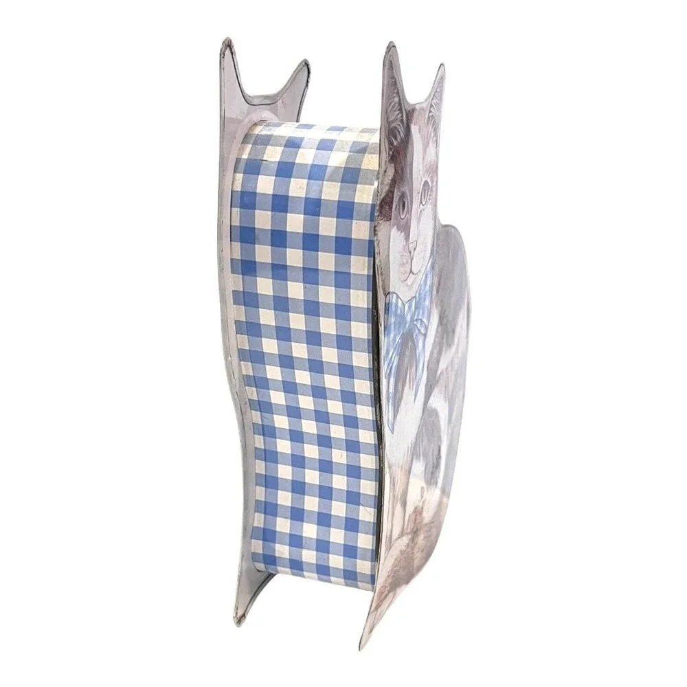 Vtg Calico Cat w/ Blue Plaid Bow Two Piece Trinket Cookie Tin Box 7